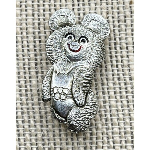 Vintage Misha Bear Pin Olympic Games Silver Tone 80s Russian Mishka Mascot - Picture 5 of 6